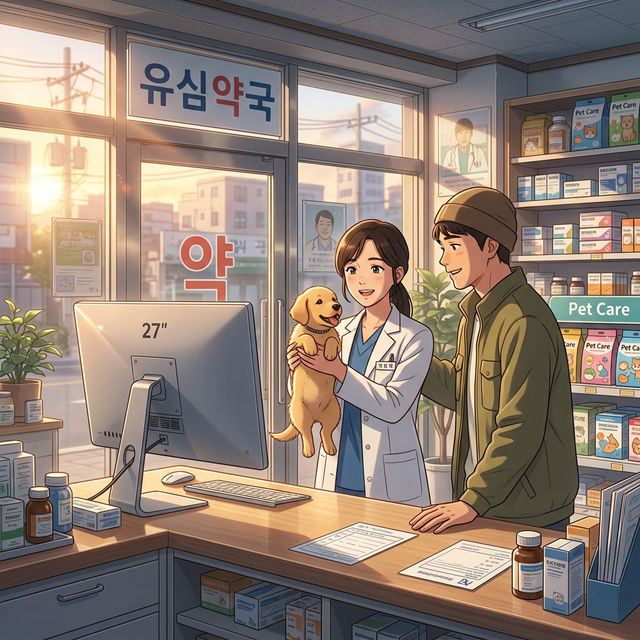 유심약국에서 화상진료를 받는 반려견과 보호자